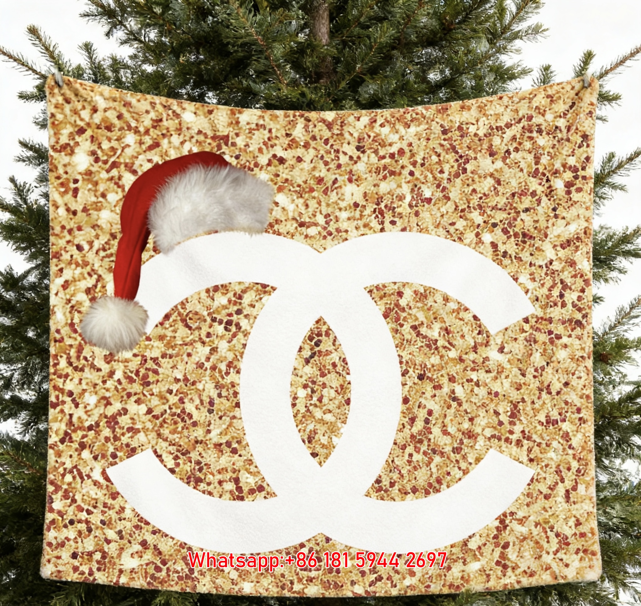 Christmas Santa Hat Chanel Double C Logo Flannel Sofa Throw Blanket IMG_6967